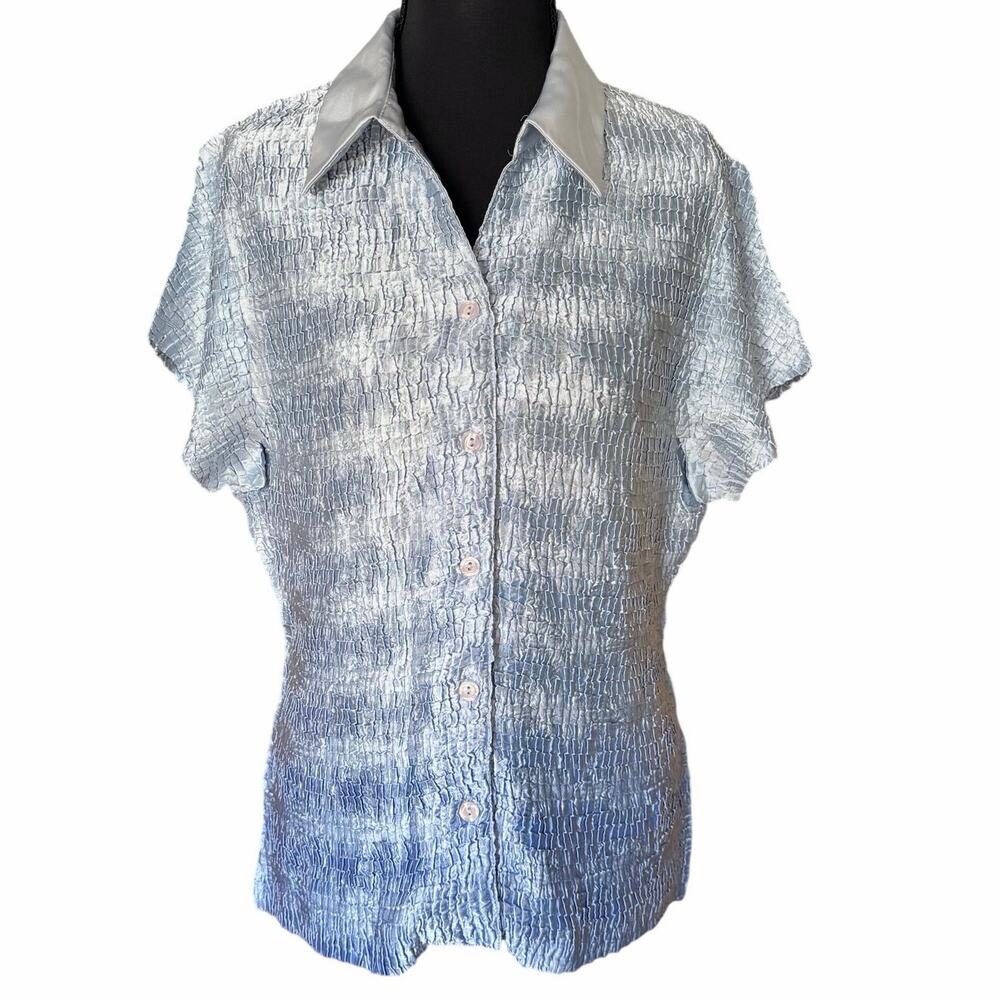 Vintage Y2K textured satin ice blue button front blouse top petite large whimsy